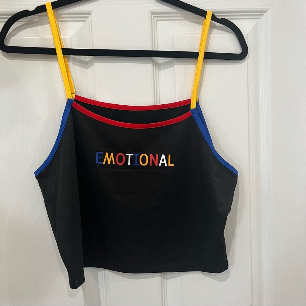‘Emotional’ Black Cropped Cami with Colorful Accents NWOT